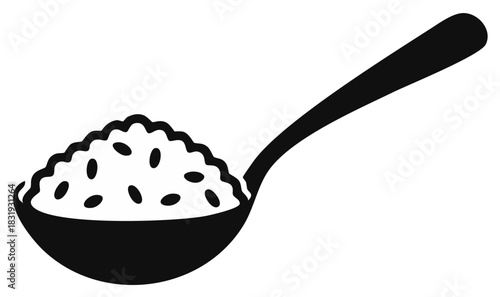 Black Silhouette of Spoon Filled with Grains of Rice Ready to Eat Illustration