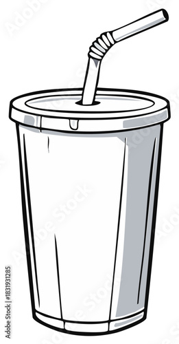 Disposable Cup with Lid and Straw Vector Illustration in Black and White