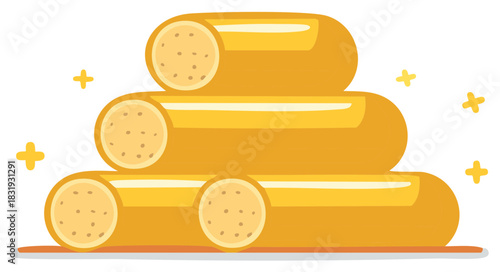 Abstract illustration of golden stacked cylindrical sweet rolls with sparkling details