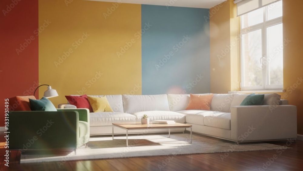 Obraz premium Bright modern living room with colorful walls, white sofa, sunlit window
