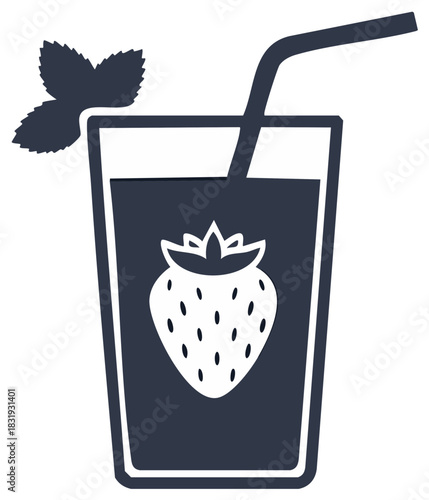 Dark beverage featuring strawberry icon, a straw, and a sprig of mint - refreshing drink
