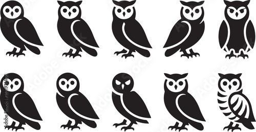 Collection of Ten Black Silhouette Owl Icons with Different Poses and Styles Keywords: owl, owls, silhouette, icon, bird, animal, wildlife, night, nocturnal, wisdom, predator, flight, wings