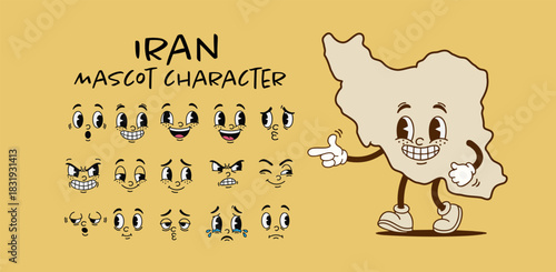 Vintage Iran country map mascot character with cartoon facial expression set
