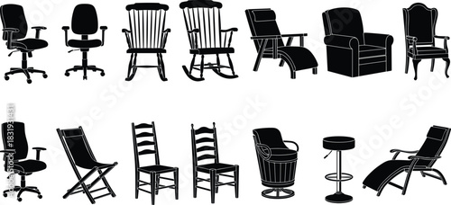 Chair silhouette collection, furniture design icons, seating style comparison, black vector graphic, modern and classic chair illustration set