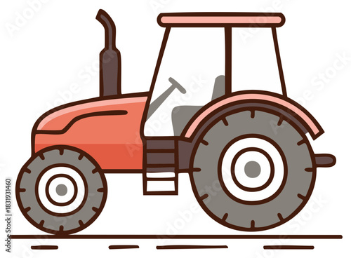 Illustrated red tractor graphic with large wheels, simple outline design, and driver's seat.