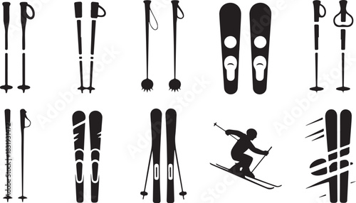 Collection of ten black silhouette ski poles skis and a skier in various styles on a white background