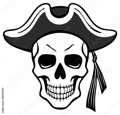 Human Skull in a Pirate Captain Hat Black and White Vector Illustration