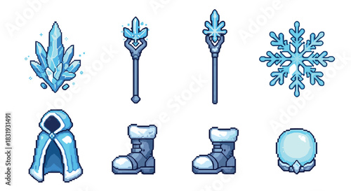 Pixel art collection of magical ice items for a fantasy video game, including a crystal, staff, snowflake, cloak, and boots,