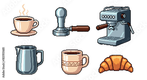 Set of pixel art coffee and breakfast icons with an espresso machine, tamper, milk pitcher, steaming cup, and croissant in a retro 8-bit video game style isolated on white