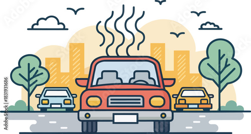 A car emitting heat and exhaust into the air with visual graphic