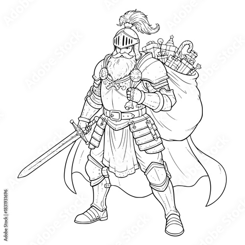 Santa Claus Knight in Armor Outline Vector. Isolated Medieval Christmas Fantasy Coloring Page Graphic.