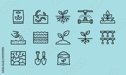 Sustainable agriculture, organic farming, and soil health concepts: icons of seeds, earthworms, roots, irrigation, fertilizer, and planting process, for modern eco-friendly gardening and cultivation.