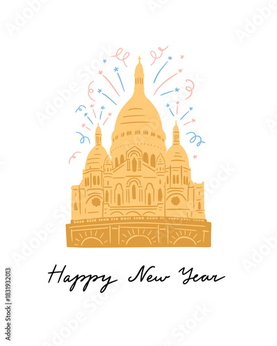 Sacré-Coeur in Paris vector illustration. Happy New Year vector card. Paris travel illustration