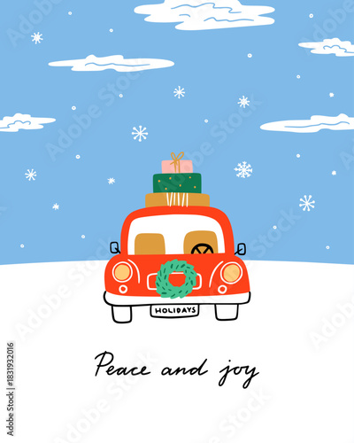 Christmas card cute illustration. Car with holiday gifts and present. Christmas time vector clipart