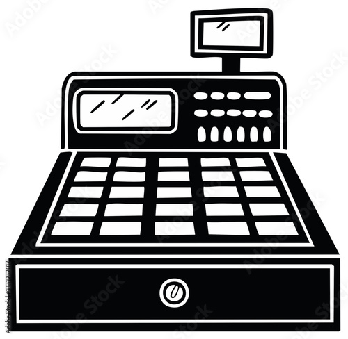 Hand drawn retro cash register vector icon for retail business and shopping