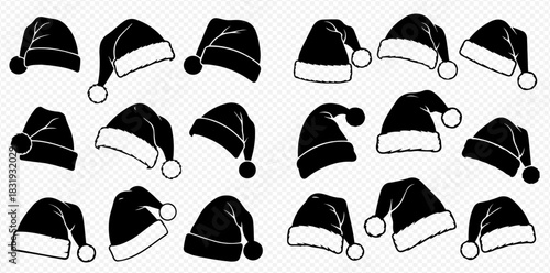 Set of black and white Santa Claus hats with pom-poms, various styles for festive designs.