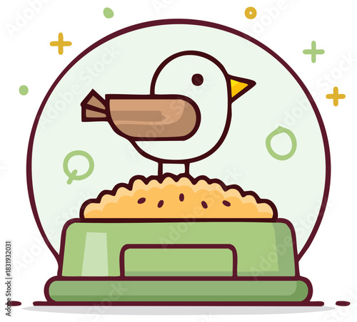 Cute cartoon bird perched on a pile of birdseed in a green feeder