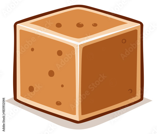 Cartoon cube bread loaf with dark crust and porous texture isolated on white background