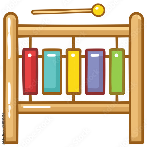 Cartoon illustration of colorful xylophone with mallet, educational toy for kids, musical instrument