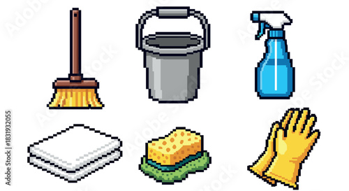 Pixel art cleaning supplies icon set with a broom, bucket, spray bottle, sponge, gloves, and cloth in a retro 8-bit video game style