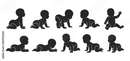 Black Baby Silhouettes Illustrating Various Crawling and Sitting Positions on a White Background