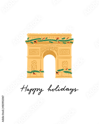 Triumphal Arch in Paris vector illustration. Christmas in Paris cute clipart