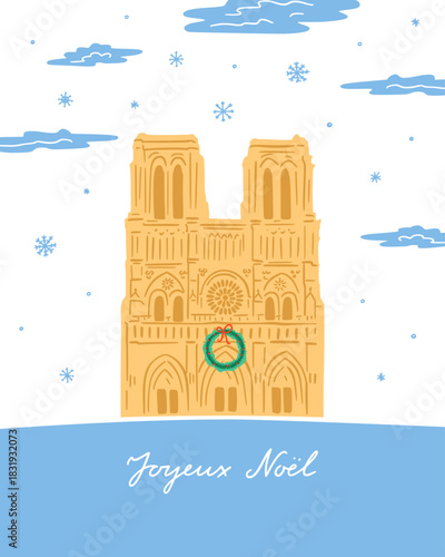 Christmas card vector illustration. Notre-Dame de Paris illustration