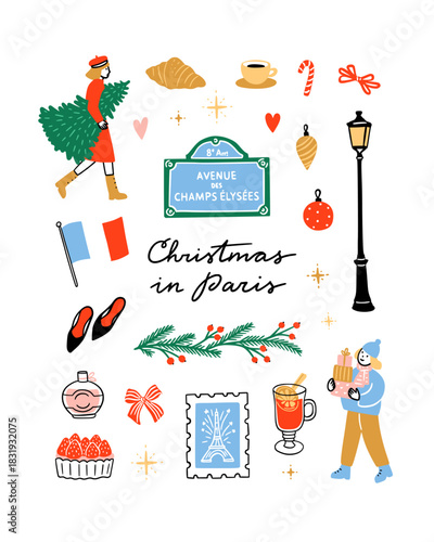 Christmas clipart vector set. Cute Christmas illustrations. Winter in Paris graphics