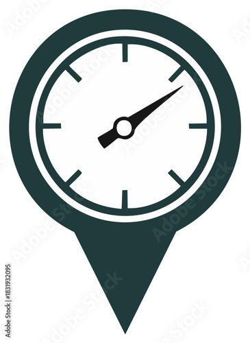 Location pin symbol with a clock indicating time, speed, or progress