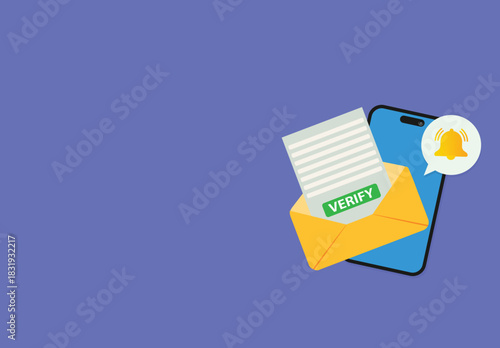 Mobile phone with a bell notification and verify mail. .Reminder on smartphone screen New message notification
