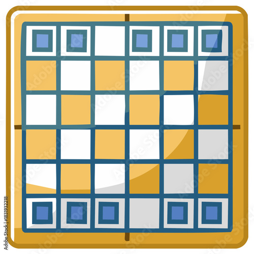 Stylized cartoon illustration of a classic strategy board game with a checkered pattern and blue border