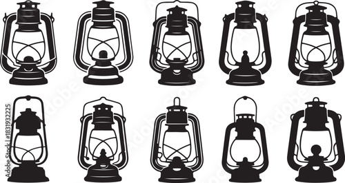 Diverse Collection of Black Silhouette Lanterns on White Background lamp light
