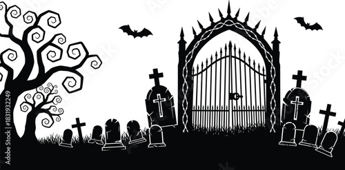 Halloween spooky cemetery graveyard silhouette, black and white gothic gate, bare scary tree, bats, tombstones, crosses, creepy horror holiday vector illustration