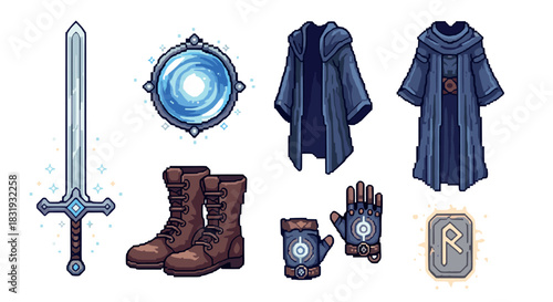 Pixel art fantasy game inventory set with a magic sword, hooded robe, leather boots, gloves, glowing orb, and rune stone