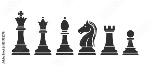 Elegant black chess piece icons are displayed in a row on a white background, representing strategy and intellectual challenge