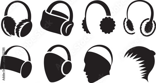 Earmuffs and headbands in various styles on a white background silhouette
