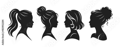 Diverse female head silhouettes in profile showcasing a range of elegant hairstyles and trendy looks