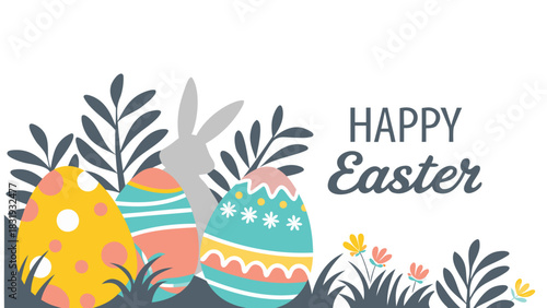 Happy easter greeting card with colorful decorated eggs a cute bunny silhouette and floral elements on a white background