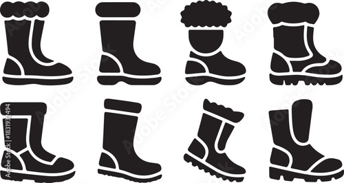 Eight black and white icons of winter boots and children's snow boots with fur trim Keywords: boots, winter boots, snow boots, children's boots, footwear, shoes, winter footwear, outdoor shoes