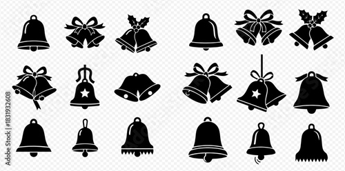 A collection of black and white Christmas bell illustrations with various designs.