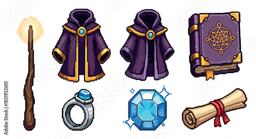 Fantasy mage equipment icon set in pixel art style featuring a wand, robe, spellbook, ring, gem, and scroll, perfect for a video game inventory and isolated on white