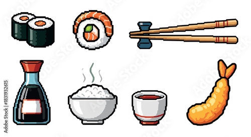 Pixel art Japanese food icon set featuring sushi rolls, tempura shrimp, rice, and soy sauce in a retro 8-bit video game style,