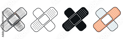 Set of crossed adhesive bandage icons in four different graphic styles including sketch, outline, solid black, and flat color,
