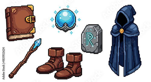 Pixel art set of fantasy wizard equipment with a spellbook, magic staff, hooded cloak, boots, rune stone, and glowing orb, an icon collection for a retro RPG game isolated on white