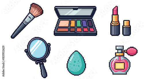 Pixel art set of makeup cosmetics including lipstick, eyeshadow, brush, mirror, sponge, and perfume in a retro 8-bit video game style