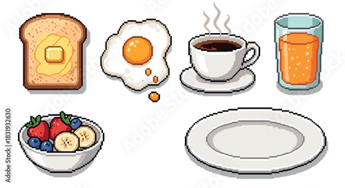 Pixel art breakfast food icon set featuring toast with butter, a fried egg, coffee, juice, fruit salad, and an empty plate in a retro 8-bit video game style
