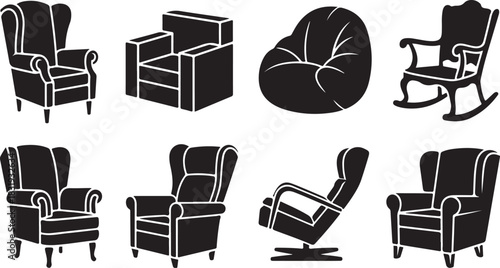 Eight Black Chair Silhouettes Including Armchairs and Beanbag on White Background furniture icon