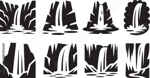 Eight black and white waterfall icons with rocky cliff elements on a white background waterfalls nature