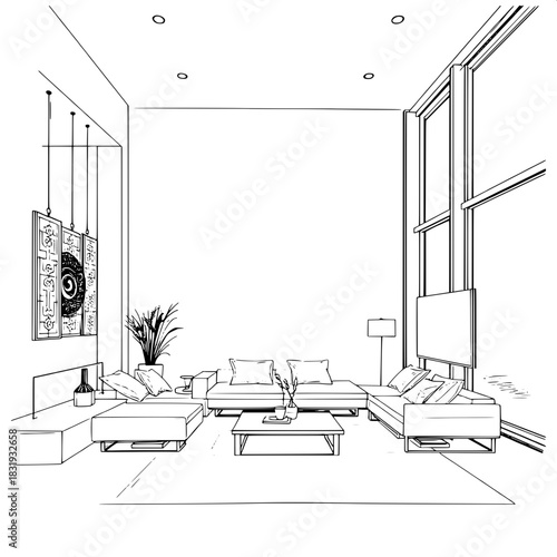 Elegant black-and-white design sketch of a contemporary living room with sleek architectural details, large glazing on the right side that fills the space with natural light, clean-lined furniture for