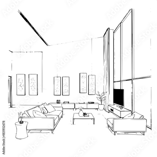 Elegant black-and-white design sketch of a contemporary living room with sleek architectural details, large glazing on the right side that fills the space with natural light, clean-lined furniture for